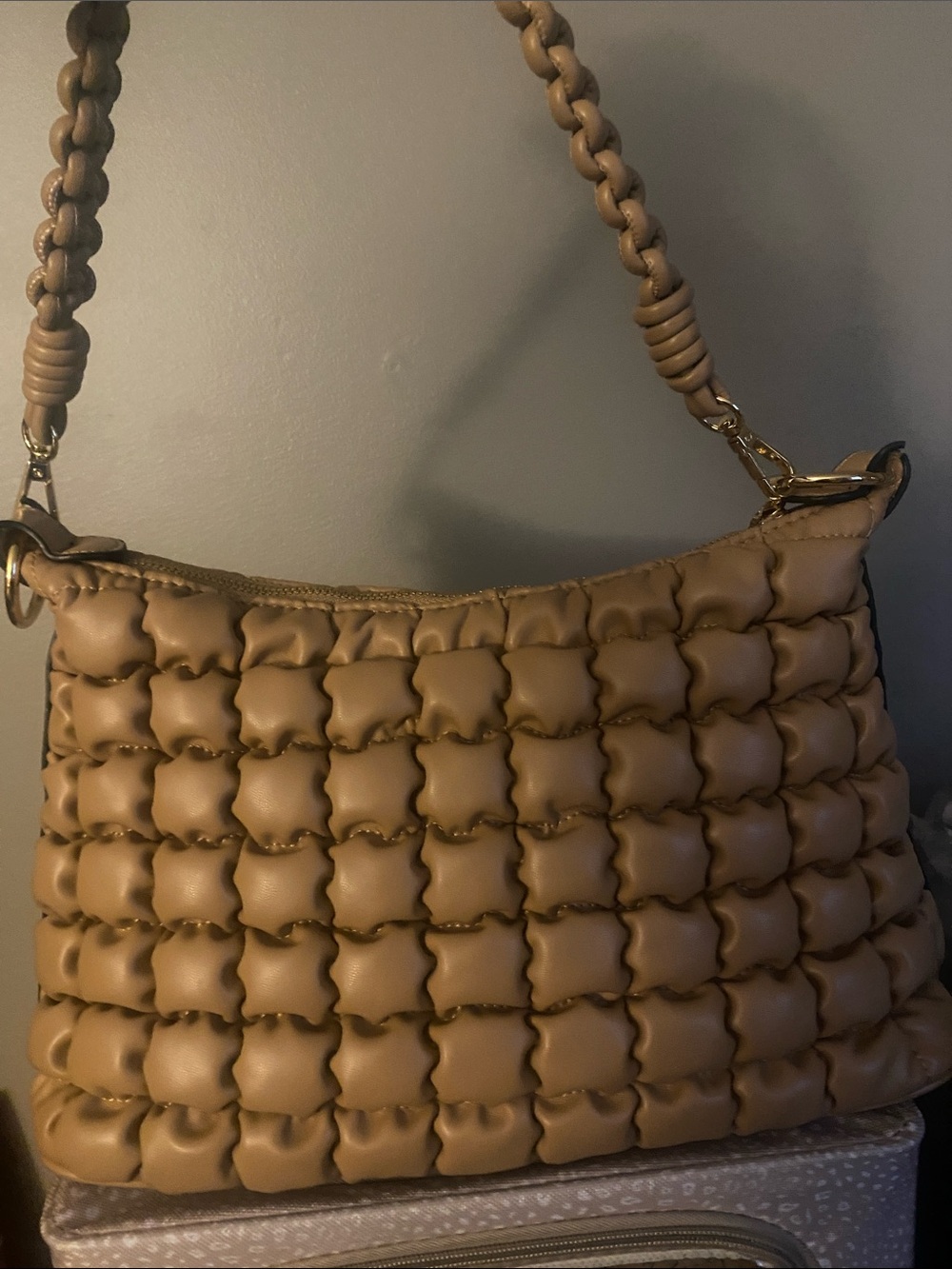 Quilted Shoulder Bag in Taupe with Braided Strap